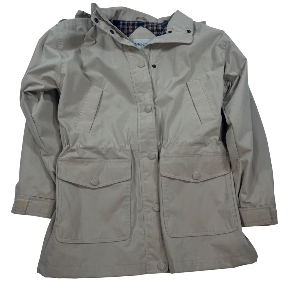 Cabin Creek Womens Tan Utility Jacket Plaid Lined Hooded Parka Size Small Khaki